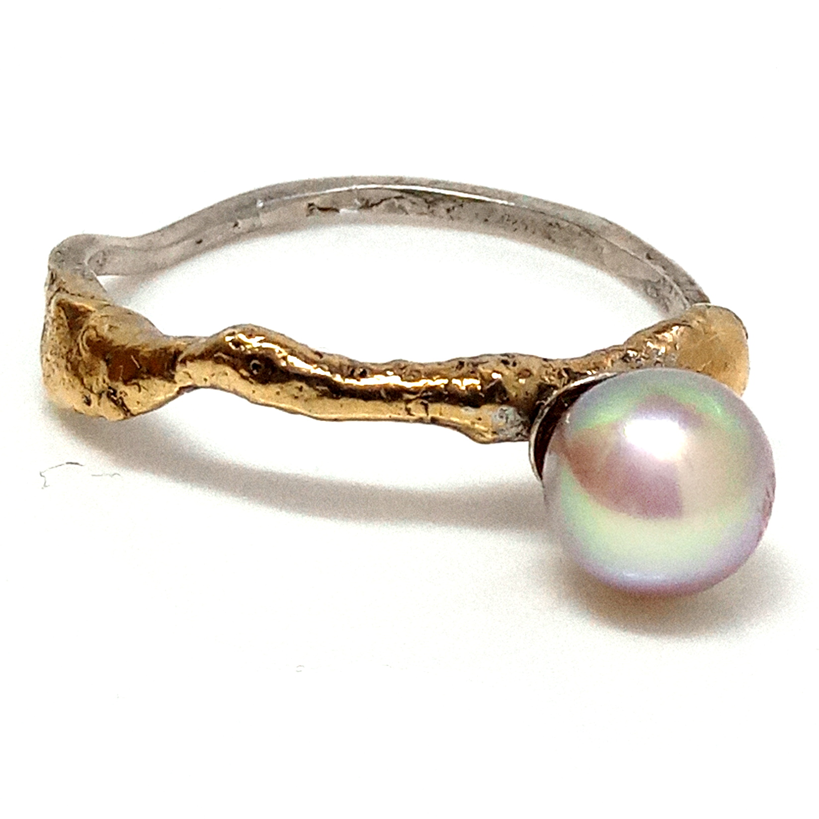 Fused Silver and Vermeil Ring with AAA Metallic Pale Gold Pearl
